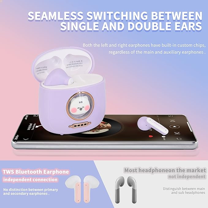 Rumtuk Wireless Earbuds BT 5.1 In-Ear with Cute Cat Bag Charging Case, Type-C Charging, ENC Noise Reduction, Dual Microphones, Fingerprint Touch, Auto Pairing - Gift for Girls