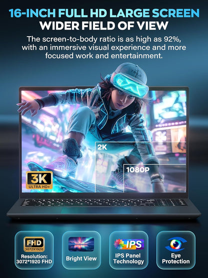 Rumtuk 16" 3K Business and Student Laptop, 512GB NVME SSD 16GB RAM,  Win 11 Pro with Office 2024, In tel 4-Core Up to 3.6GHz, Fingerprint, Backlit KB, Webcam, HDMI, USB-C, RJ45, Long Battery Life