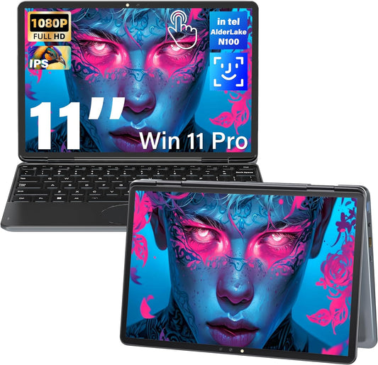 11" Gray 2-in-1 Convertible Touchscreen Laptop, FHD (1920x1200) IPS Display, in tel N100 Processor, 16GB RAM 512GB SSD, Facial Recognition, Backlit KB, USB-C,Win 11 Pro for Students & Travel