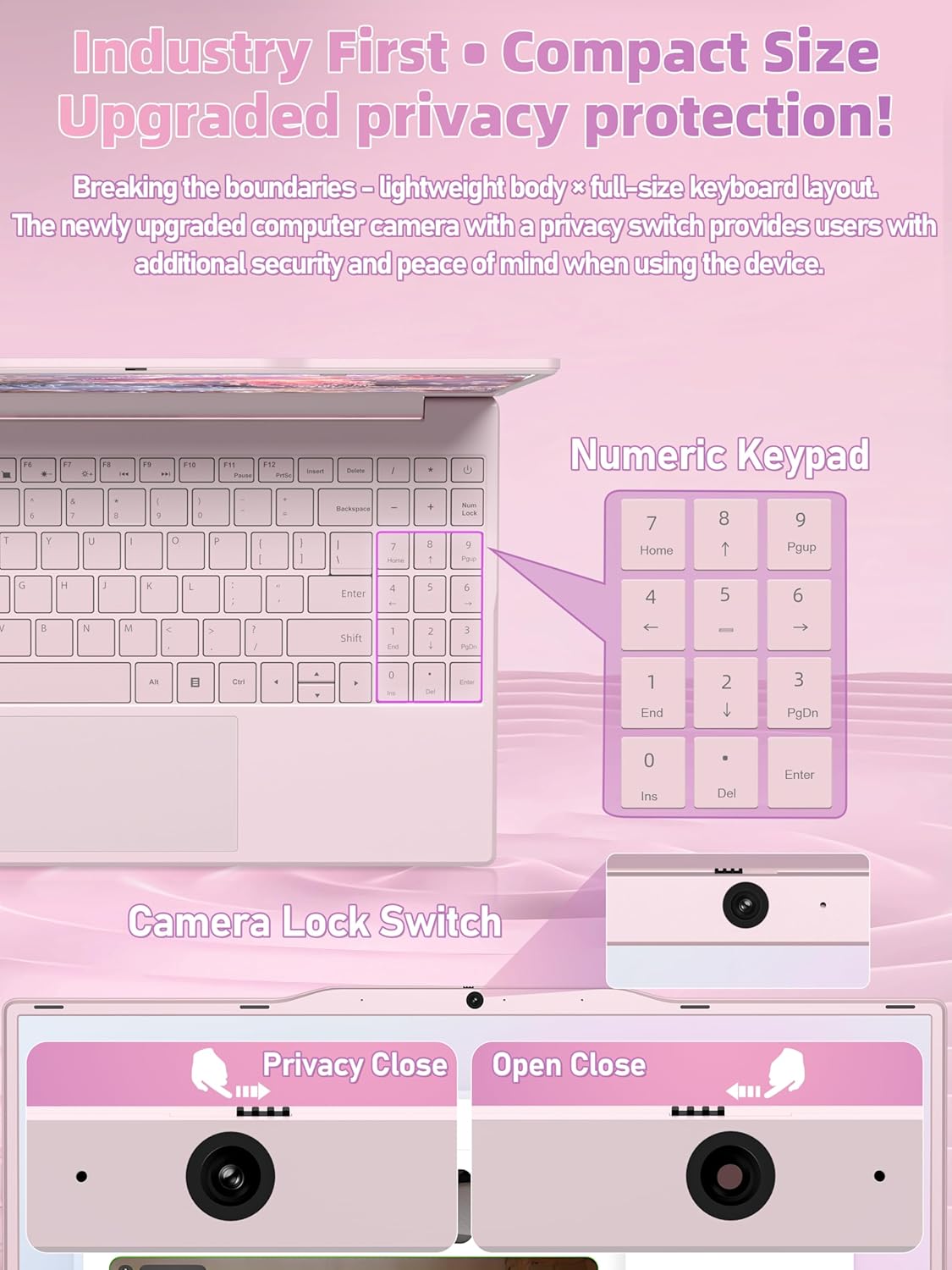 14" Pink Portable Laptop Computer, Office 2024, N5095 CPU,8GB RAM(Up to 64GB Expansion),256GB NVMe SSD,1920P FHD IPS Display,Win 11 Pro,Numeric Keypad,2.4/5G WiFi,BT4.2,for Student and Business