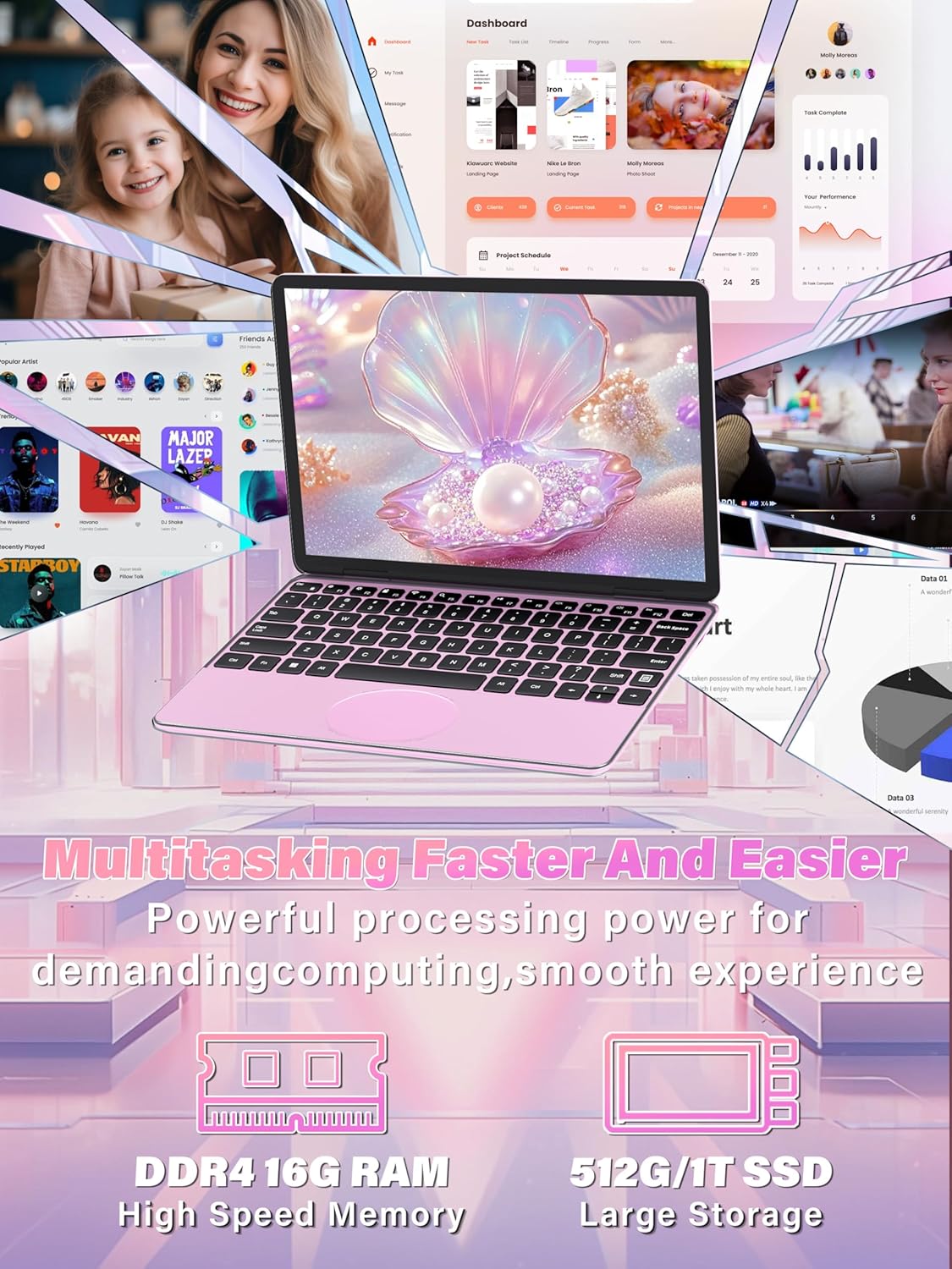11" Touchscreen 2-in-1 Convertible Pink Laptop for Business&Students, In tel N100 CPU,16G DDR4 RAM,512G SSD,FHD 1920*1200 IPS,Win 11 Pro PC,Backlit keyboard, WiFi, Type-C,HDMI, Oval Trackpad