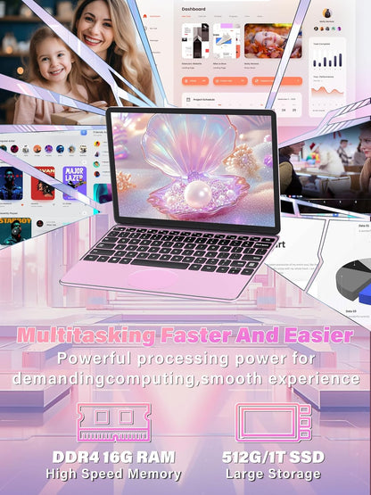 11" Touchscreen 2-in-1 Convertible Pink Laptop for Business&Students, In tel N100 CPU,16G DDR4 RAM,512G SSD,FHD 1920*1200 IPS,Win 11 Pro PC,Backlit keyboard, WiFi, Type-C,HDMI, Oval Trackpad