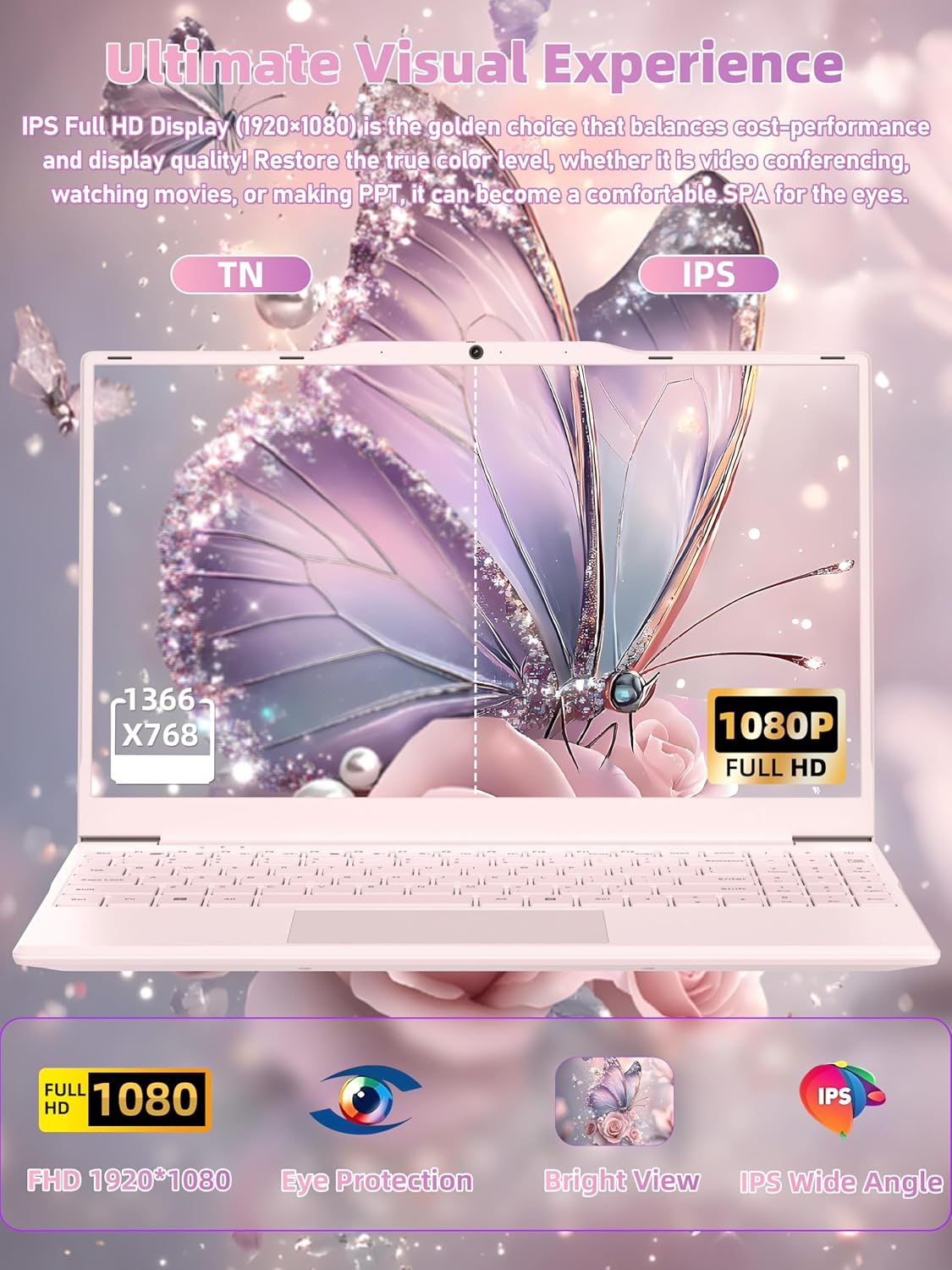 14" Pink Portable Laptop Computer, Office 2024, N5095 CPU,8GB RAM(Up to 64GB Expansion),256GB NVMe SSD,1920P FHD IPS Display,Win 11 Pro,Numeric Keypad,2.4/5G WiFi,BT4.2,for Student and Business