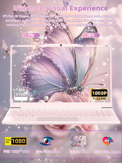 14" Pink Portable Laptop Computer, Office 2024, N5095 CPU,8GB RAM(Up to 64GB Expansion),256GB NVMe SSD,1920P FHD IPS Display,Win 11 Pro,Numeric Keypad,2.4/5G WiFi,BT4.2,for Student and Business