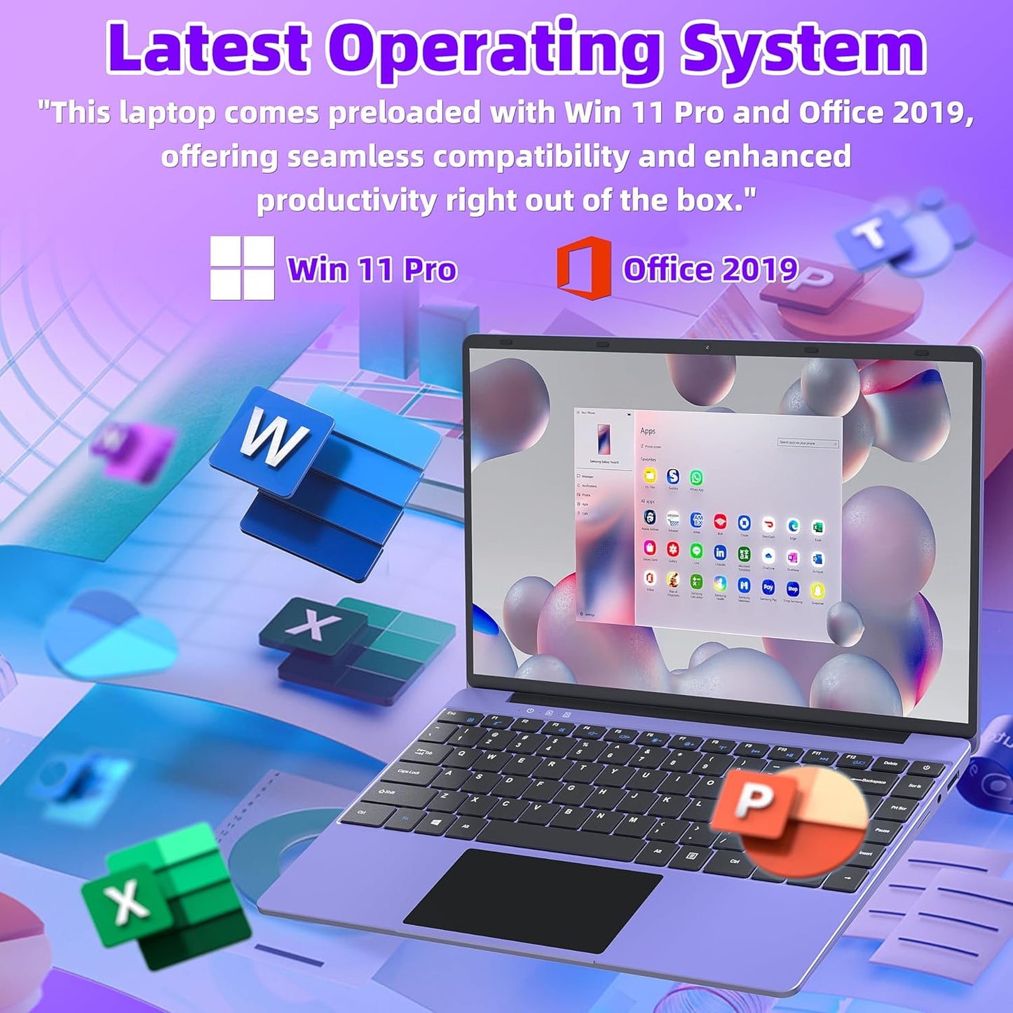 14" Purple Laptop, Win 11 Pro/Office 2019, Celeron N5105 (Up to 2.9GHz), 16GB RAM, 512GB/1TB SSD, FHD IPS Display, Ultra-Thin, Portable, Convertible 180°. USB, HDMI, WIFI - Style meets Performance!