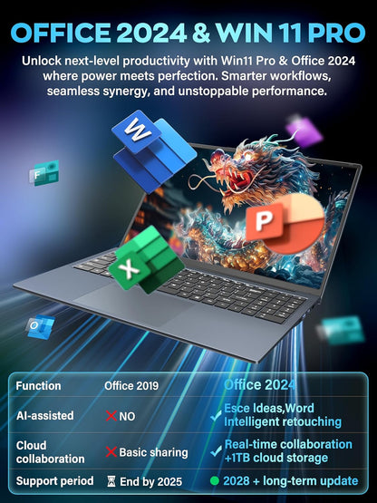 Rumtuk 16" 3K Business and Student Laptop, 512GB NVME SSD 16GB RAM,  Win 11 Pro with Office 2024, In tel 4-Core Up to 3.6GHz, Fingerprint, Backlit KB, Webcam, HDMI, USB-C, RJ45, Long Battery Life