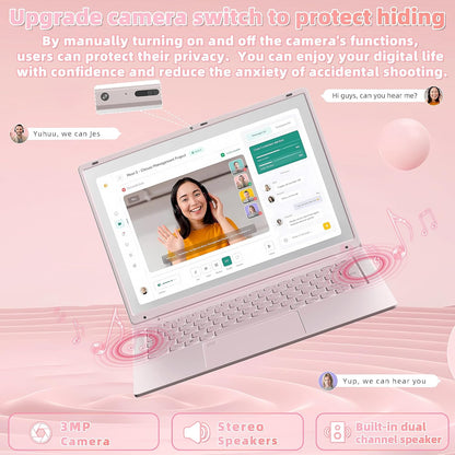 14''Pink Laptop 16GB DDR4 RAM 512GB SSD,2K UHD (2160 * 1440) IPS Display Laptop, In tel N150 CPU (Up to 3.6 Ghz) Win 11 Portable PC/WiFi 5,Type-C,3MP Camera,6000Mah,BT5.0,Fingerprint