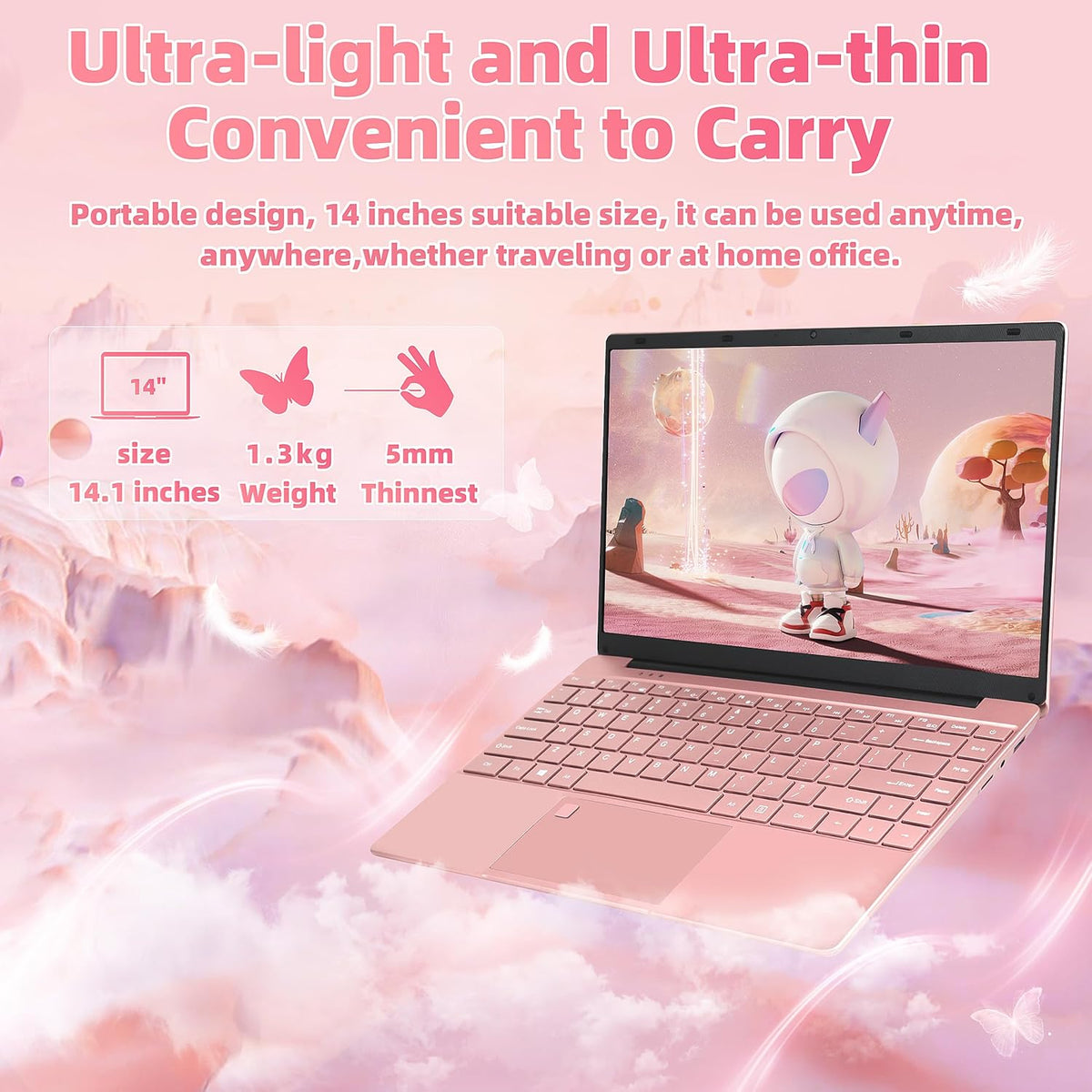 14" Rose Gold Laptop with 2.5K UHD (2560x1440) IPS Display, Celeron N95 CPU, DDR4 16G RAM, 512G SSD, Color Backlit KB, Fingerprint Reader, WIFI,Thin and Portable Notebook PC, Pink
