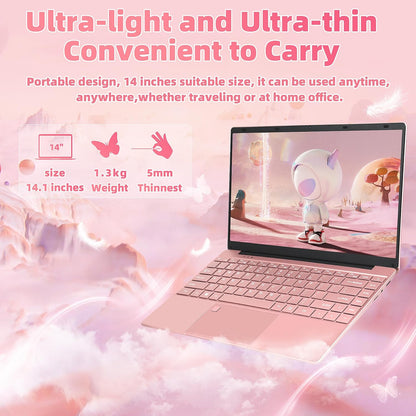 14" Rose Gold Laptop with 2.5K UHD (2560x1440) IPS Display, Celeron N95 CPU, DDR4 16G RAM, 512G SSD, Color Backlit KB, Fingerprint Reader, WIFI,Thin and Portable Notebook PC, Pink