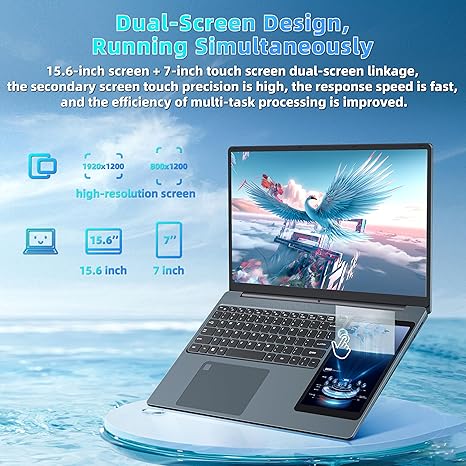 Dual Screen Laptop 15.6"LCD Screen + 7" Touch Screen Computer 16GB RAM 1TB SSD Alder Lake-N100 (up to 3.4GHz) /Student & Business Portable PC with Color Backlight KB,TypeC,Windows 11 Pro