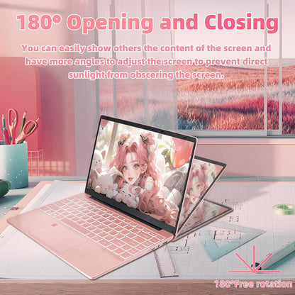14" Rose Gold Laptop with 2.5K UHD (2560x1440) IPS Display, Celeron N95 CPU, DDR4 16G RAM, 512G SSD, Color Backlit KB, Fingerprint Reader, WIFI,Thin and Portable Notebook PC, Pink