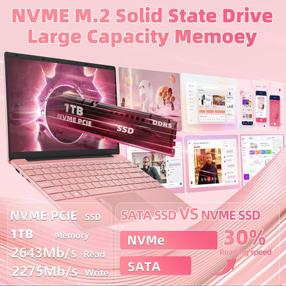 14" Rose Gold Laptop with 2.5K UHD (2560x1440) IPS Display, Celeron N95 CPU, DDR4 16G RAM, 512G SSD, Color Backlit KB, Fingerprint Reader, WIFI,Thin and Portable Notebook PC, Pink