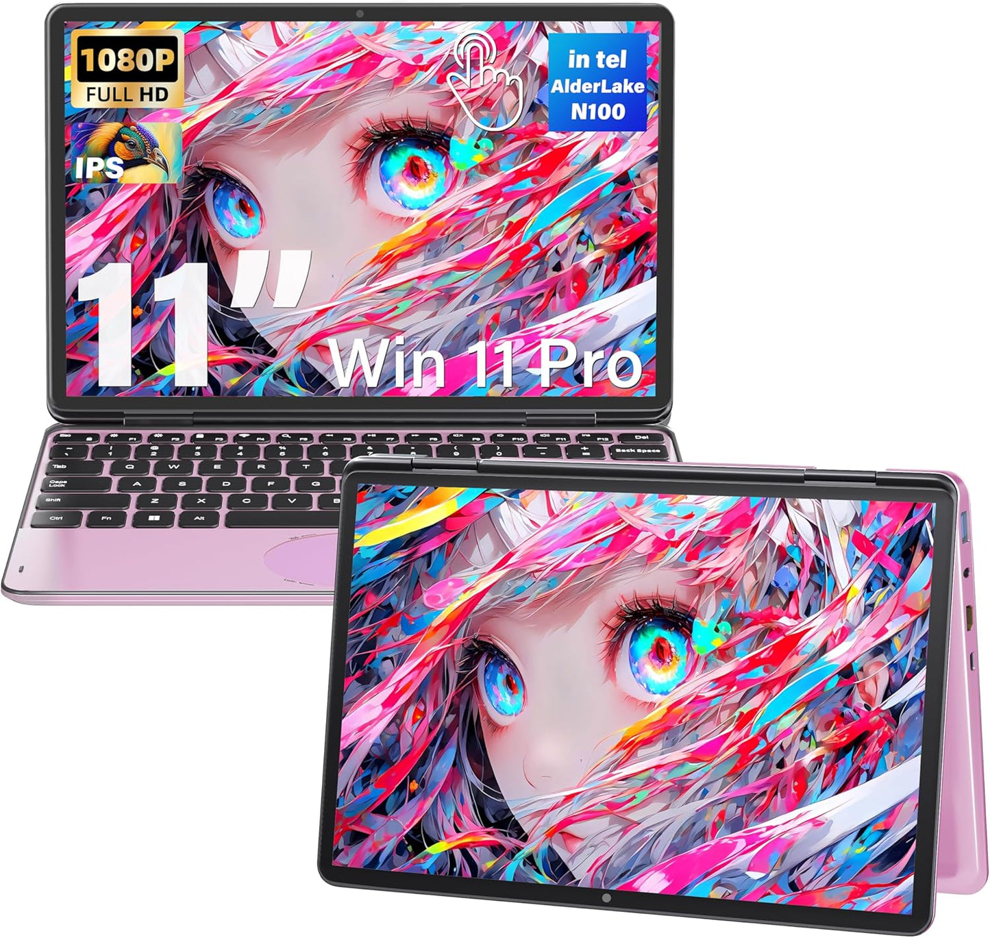 11" Touchscreen 2-in-1 Convertible Pink Laptop for Business&Students, In tel N100 CPU,16G DDR4 RAM,512G SSD,FHD 1920*1200 IPS,Win 11 Pro PC,Backlit keyboard, WiFi, Type-C,HDMI, Oval Trackpad