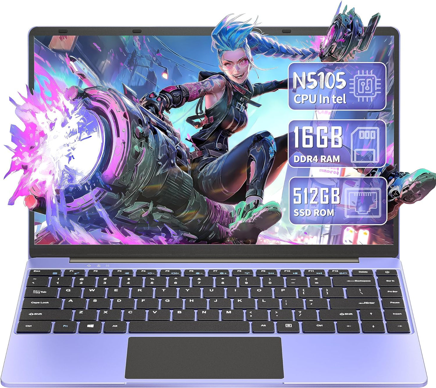 14" Purple Laptop, Win 11 Pro/Office 2019, Celeron N5105 (Up to 2.9GHz), 16GB RAM, 512GB/1TB SSD, FHD IPS Display, Ultra-Thin, Portable, Convertible 180°. USB, HDMI, WIFI - Style meets Performance!