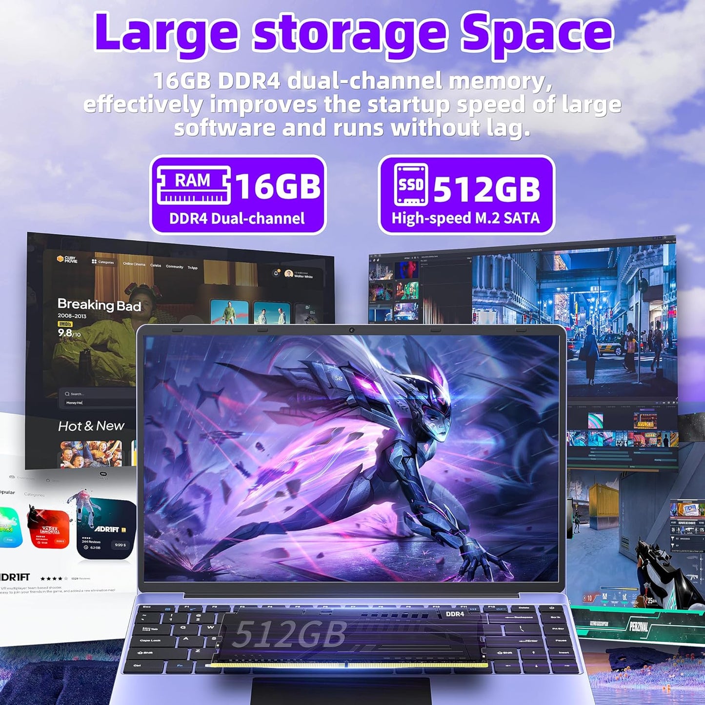 14" Purple Laptop, Win 11 Pro/Office 2019, Celeron N5105 (Up to 2.9GHz), 16GB RAM, 512GB/1TB SSD, FHD IPS Display, Ultra-Thin, Portable, Convertible 180°. USB, HDMI, WIFI - Style meets Performance!