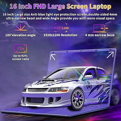 16" Purple Gaming Laptop 12G LPDDR5 RAM 256GB/512GB/1TB NVMe SSD Alder Lake N95 CP, 2K FHD(1920 * 1200) IPS Screen/Color Backlit KB/Fingerprint/Windows 11 PC for Game Work Study