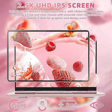14" Rose Gold Laptop with 2.5K UHD (2560x1440) IPS Display, Celeron N95 CPU, DDR4 16G RAM, 512G SSD, Color Backlit KB, Fingerprint Reader, WIFI,Thin and Portable Notebook PC, Pink