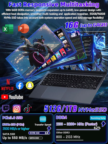 17.3-inch Business Laptop PC, in tel N150 CPU(Up to 3.6GHz) 16GB RAM 512 GB NVMe SSD,FHD IPS Large Screen,Win11 Pro,Backlit Keyboard,6000mAh Battery, HDMI, USB 3.0, Type-C, Wi-Fi