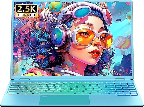 16" Blue Laptop,Ultra-Narrow bezels 2.5K QHD(2560x1600) IPS,Celeron N5095,16G RAM 256GB/512GB/1TB SSD, Color Backlit KB, Fingerprint,Type-C/HDMI/WiFi/HDD Expand, Win 11 PC for Business Study (Blue)