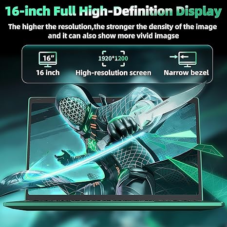 16" Green Laptop, Celeron N5105 CPU, DDR4 16GB RAM 256GB/512GB/1TB SSD, FHD IPS Display, Backlit KB,Fingerprint Unlock, USB 3.0, HDMI, WiFi/BT, Perfect for Work, Study and Play! (Green)