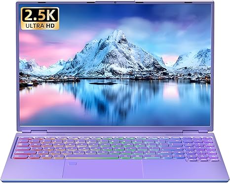 16" Purple Laptop,Ultra-Narrow Bezels 2.5K QHD(2560x1600) IPS,Celeron N5095,16G RAM 256G/512GB/1TB SSD,Color Backlit KB,Fingerprint,Type-C/HDMI/HDD Expand,Win 11 PC for Business Study(Purple)