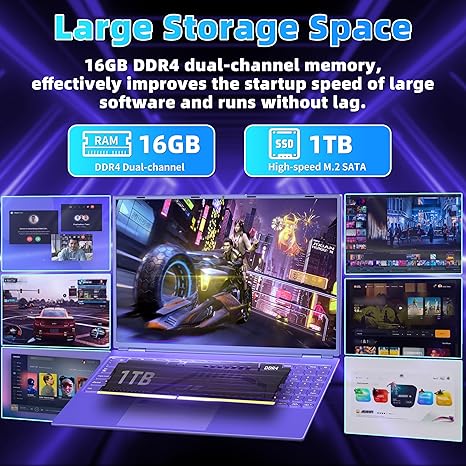 16" Purple Laptop,Ultra-Narrow Bezels 2.5K QHD(2560x1600) IPS,Celeron N5095,16G RAM 256G/512GB/1TB SSD,Color Backlit KB,Fingerprint,Type-C/HDMI/HDD Expand,Win 11 PC for Business Study(Purple)