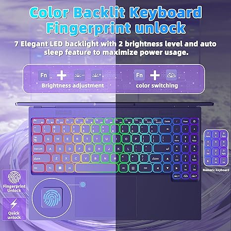 16" Purple Laptop,Ultra-Narrow Bezels 2.5K QHD(2560x1600) IPS,Celeron N5095,16G RAM 256G/512GB/1TB SSD,Color Backlit KB,Fingerprint,Type-C/HDMI/HDD Expand,Win 11 PC for Business Study(Purple)