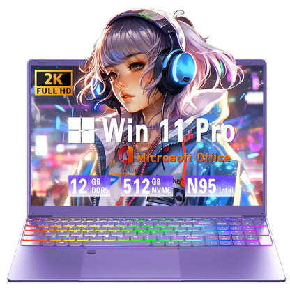 Rumtuk Purple Laptop, 16" 2.5K FHD IPS, 11th Gen N5105, 16GB RAM,512GB SSD,Long Battery Life, Windows 11 Pro/Microsoft Office 2019/Fingerprint Unlock/Color Backlit KB/HDMI/USB-C(16GB RAM | 512GB SSD)