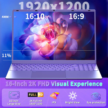 Rumtuk Purple Laptop, 16" 2.5K FHD IPS, 11th Gen N5105, 16GB RAM,512GB SSD,Long Battery Life, Windows 11 Pro/Microsoft Office 2019/Fingerprint Unlock/Color Backlit KB/HDMI/USB-C(16GB RAM | 512GB SSD)