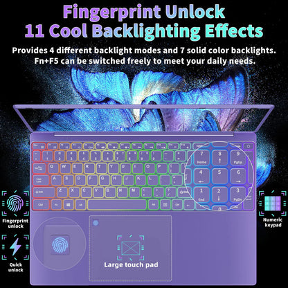 Rumtuk Purple Laptop, 16" 2.5K FHD IPS, 11th Gen N5105, 16GB RAM,512GB SSD,Long Battery Life, Windows 11 Pro/Microsoft Office 2019/Fingerprint Unlock/Color Backlit KB/HDMI/USB-C(16GB RAM | 512GB SSD)