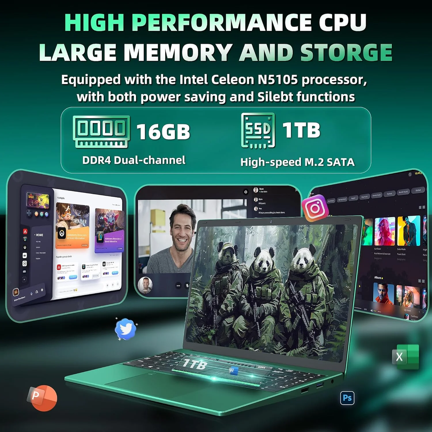 16" Green Laptop, Celeron N5105 CPU, DDR4 16GB RAM 1T SSD, FHD IPS Display, Backlit KB,Fingerprint Unlock, USB 3.0, HDMI, WiFi/BT, Perfect for Work, Study and Play!