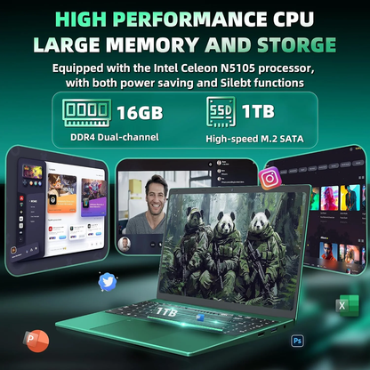 16" Green Laptop, Celeron N5105 CPU, DDR4 16GB RAM 1T SSD, FHD IPS Display, Backlit KB,Fingerprint Unlock, USB 3.0, HDMI, WiFi/BT, Perfect for Work, Study and Play!