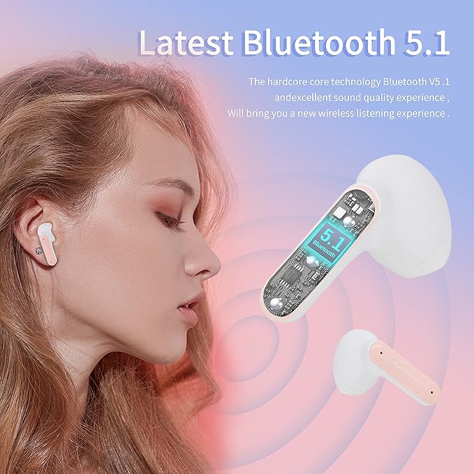 Wireless Earbuds BT 5.1 In-Ear with Cute Cat Bag Charging Case, Type-C Charging, ENC Noise Reduction, Dual Microphones, Fingerprint Touch, Auto Pairing - Gift for Girls