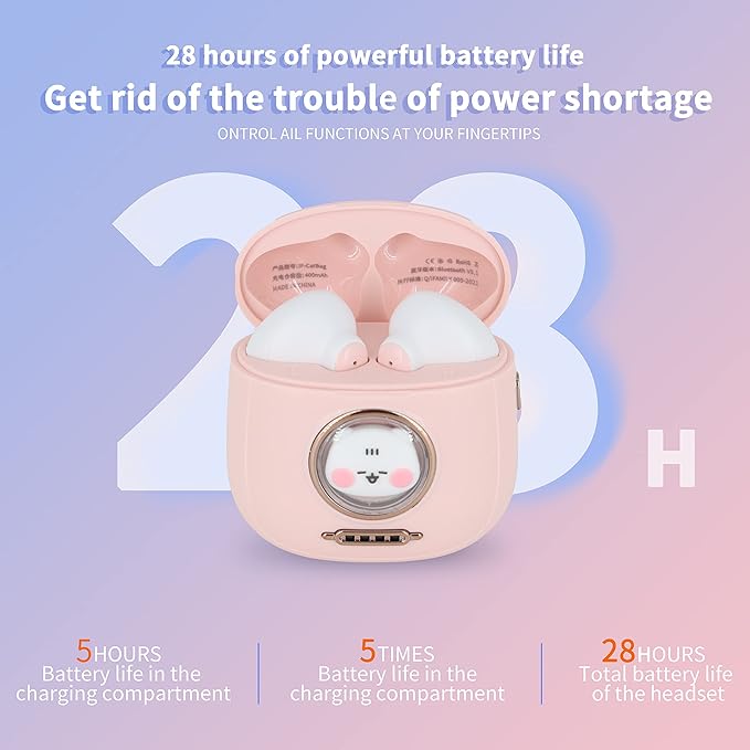 Wireless Earbuds BT 5.1 In-Ear with Cute Cat Bag Charging Case, Type-C Charging, ENC Noise Reduction, Dual Microphones, Fingerprint Touch, Auto Pairing - Gift for Girls