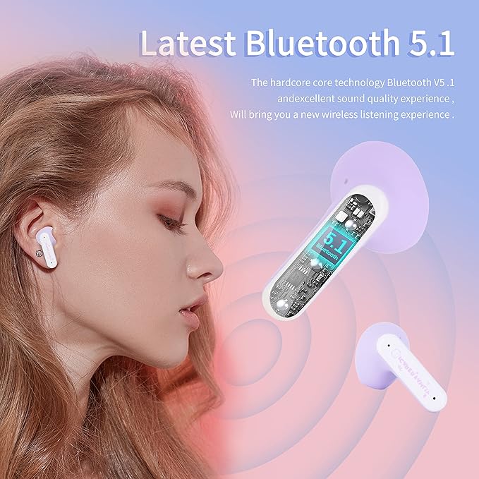 Wireless Earbuds BT 5.1 In-Ear with Cute Cat Bag Charging Case, Type-C Charging, ENC Noise Reduction, Dual Microphones, Fingerprint Touch, Auto Pairing - Gift for Girls